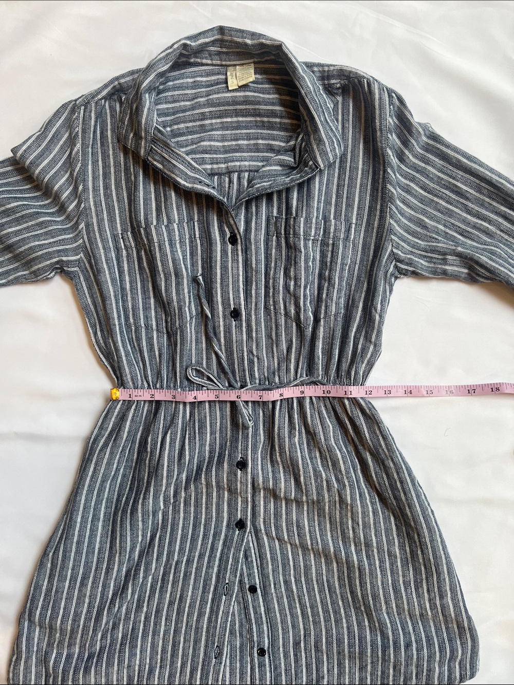 Japna Sz S Striped Button-Front Shirt Dress with Tie Waist - Blue/White - Picture 6 of 8
